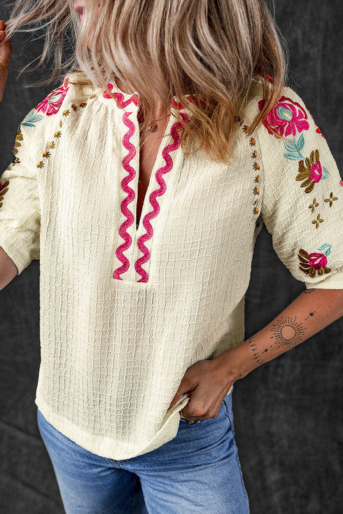 Textured Floral Embroidered Puff Sleeve Ricrac Trim Blouse