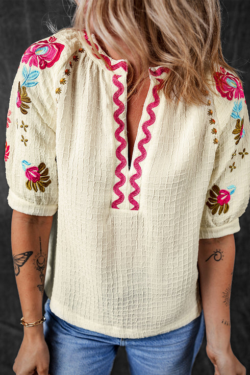 Textured Floral Embroidered Puff Sleeve Ricrac Trim Blouse