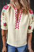 Textured Floral Embroidered Puff Sleeve Ricrac Trim Blouse