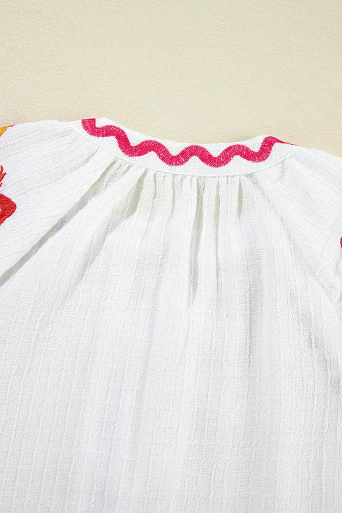 Textured Floral Embroidered Puff Sleeve Ricrac Trim Blouse