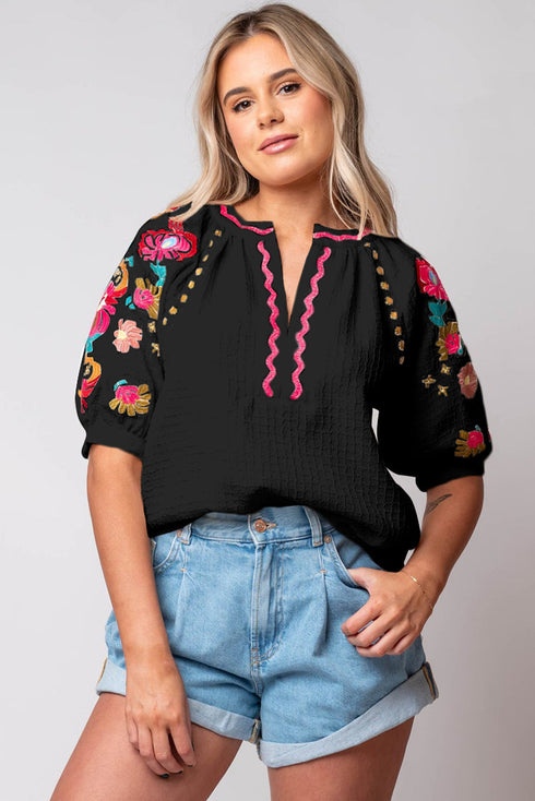 Textured Floral Embroidered Puff Sleeve Ricrac Trim Blouse