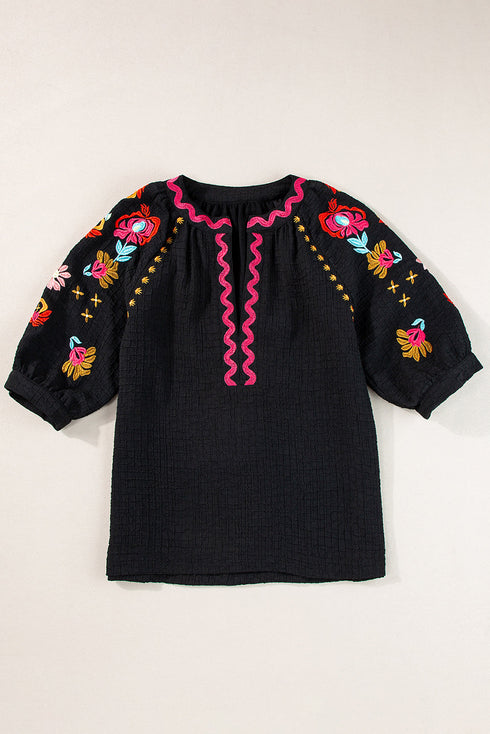 Textured Floral Embroidered Puff Sleeve Ricrac Trim Blouse