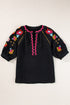 Textured Floral Embroidered Puff Sleeve Ricrac Trim Blouse