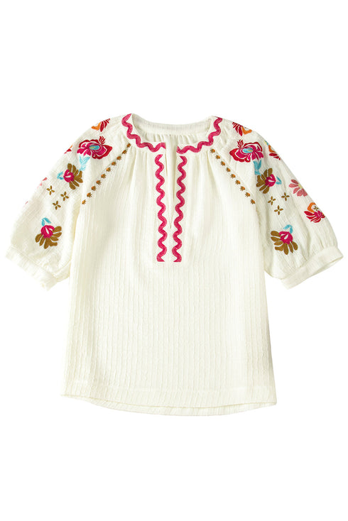 Textured Floral Embroidered Puff Sleeve Ricrac Trim Blouse