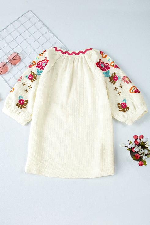 Textured Floral Embroidered Puff Sleeve Ricrac Trim Blouse