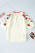Textured Floral Embroidered Puff Sleeve Ricrac Trim Blouse