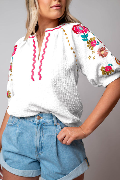 Textured Floral Embroidered Puff Sleeve Ricrac Trim Blouse