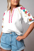 Textured Floral Embroidered Puff Sleeve Ricrac Trim Blouse