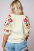 Textured Floral Embroidered Puff Sleeve Ricrac Trim Blouse