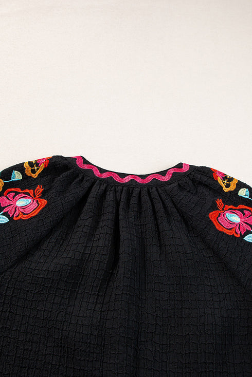 Textured Floral Embroidered Puff Sleeve Ricrac Trim Blouse