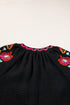 Textured Floral Embroidered Puff Sleeve Ricrac Trim Blouse