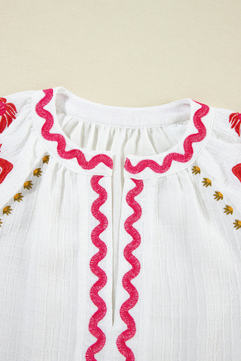 Textured Floral Embroidered Puff Sleeve Ricrac Trim Blouse