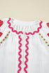 Textured Floral Embroidered Puff Sleeve Ricrac Trim Blouse