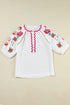 Textured Floral Embroidered Puff Sleeve Ricrac Trim Blouse