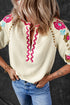 Textured Floral Embroidered Puff Sleeve Ricrac Trim Blouse