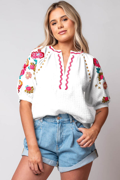Textured Floral Embroidered Puff Sleeve Ricrac Trim Blouse