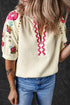 Textured Floral Embroidered Puff Sleeve Ricrac Trim Blouse
