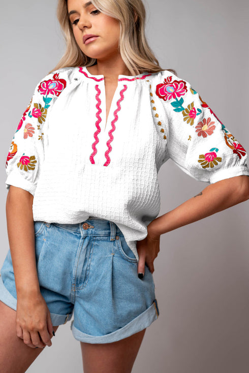 Textured Floral Embroidered Puff Sleeve Ricrac Trim Blouse