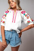 Textured Floral Embroidered Puff Sleeve Ricrac Trim Blouse