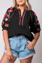 Textured Floral Embroidered Puff Sleeve Ricrac Trim Blouse