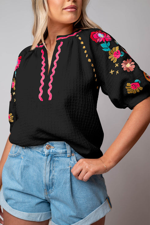 Textured Floral Embroidered Puff Sleeve Ricrac Trim Blouse