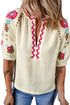 Textured Floral Embroidered Puff Sleeve Ricrac Trim Blouse