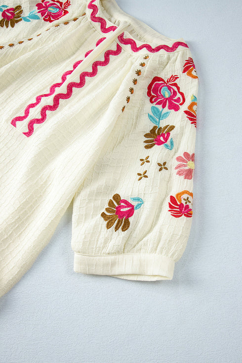 Textured Floral Embroidered Puff Sleeve Ricrac Trim Blouse