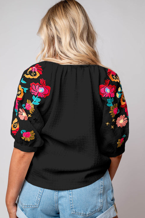 Textured Floral Embroidered Puff Sleeve Ricrac Trim Blouse