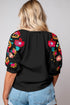 Textured Floral Embroidered Puff Sleeve Ricrac Trim Blouse