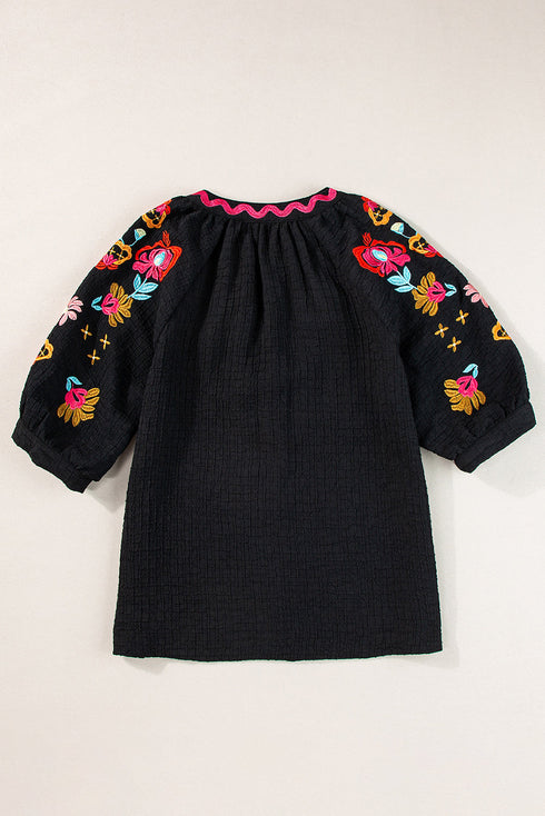 Textured Floral Embroidered Puff Sleeve Ricrac Trim Blouse