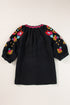 Textured Floral Embroidered Puff Sleeve Ricrac Trim Blouse