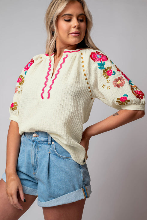 Textured Floral Embroidered Puff Sleeve Ricrac Trim Blouse