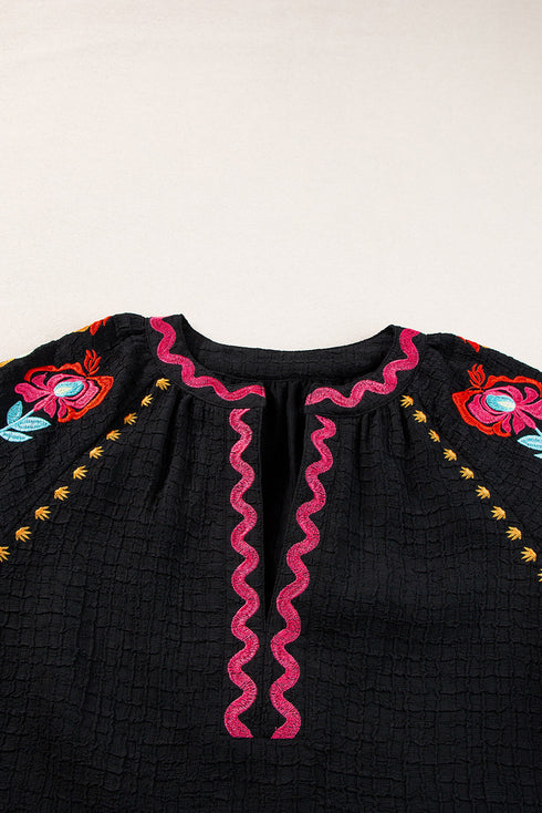 Textured Floral Embroidered Puff Sleeve Ricrac Trim Blouse