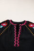Textured Floral Embroidered Puff Sleeve Ricrac Trim Blouse