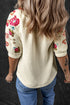 Textured Floral Embroidered Puff Sleeve Ricrac Trim Blouse