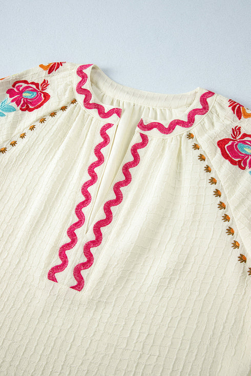 Textured Floral Embroidered Puff Sleeve Ricrac Trim Blouse