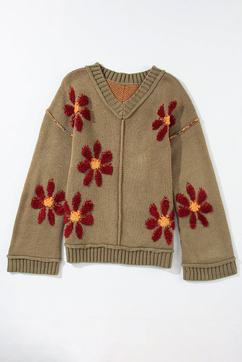 Textured Floral Exposed Seam Slouchy Knit Sweater
