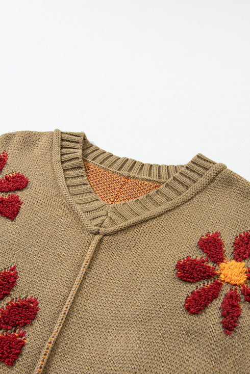 Textured Floral Exposed Seam Slouchy Knit Sweater