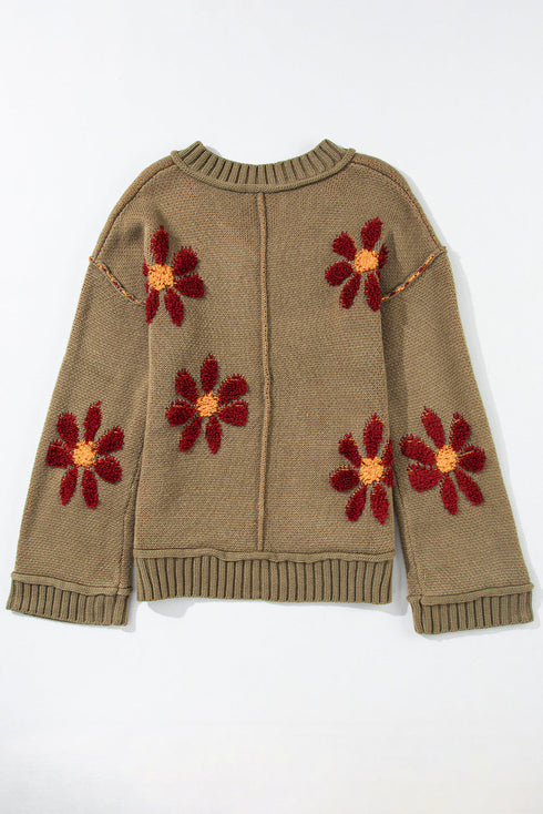 Textured Floral Exposed Seam Slouchy Knit Sweater