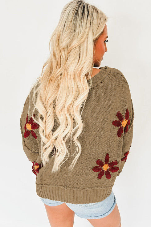 Textured Floral Exposed Seam Slouchy Knit Sweater