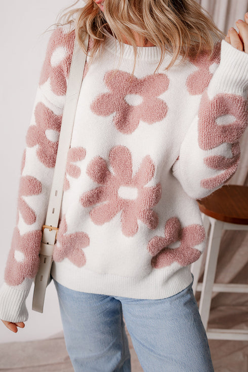 Textured Floral Knit Relaxed Fit Pullover Sweater