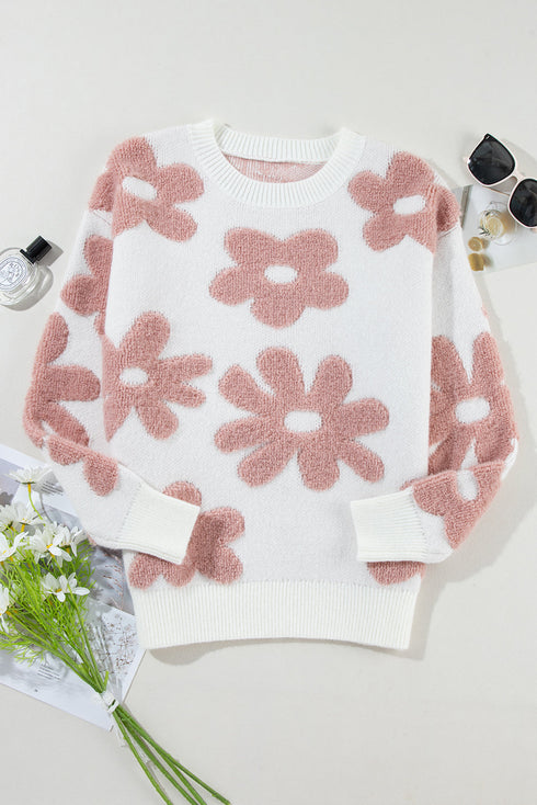 Textured Floral Knit Relaxed Fit Pullover Sweater