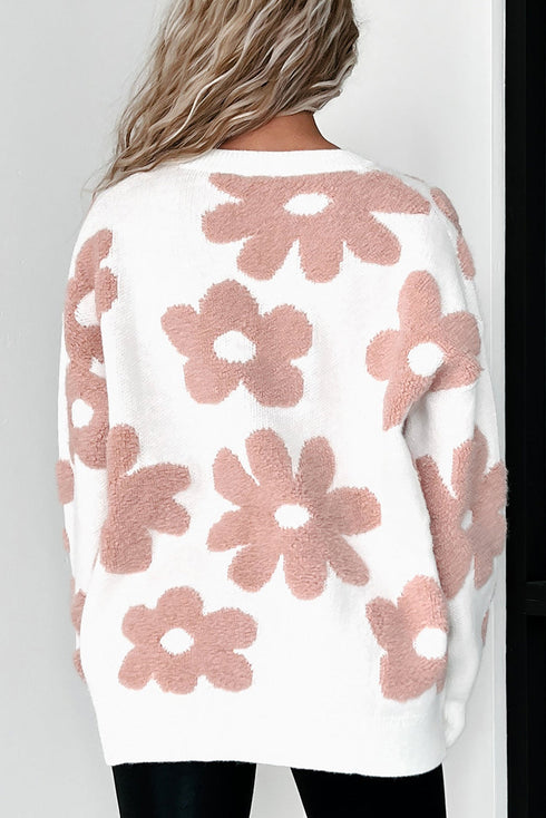 Textured Floral Knit Relaxed Fit Pullover Sweater
