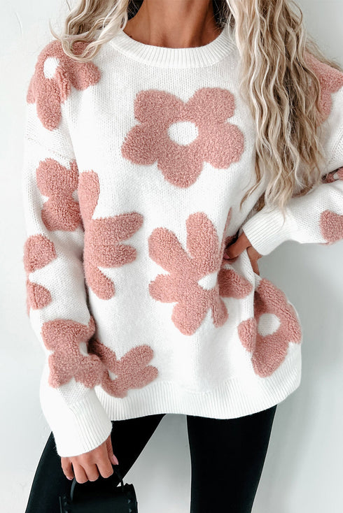 Textured Floral Knit Relaxed Fit Pullover Sweater
