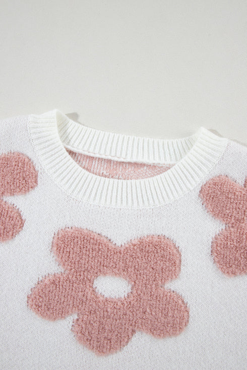Textured Floral Knit Relaxed Fit Pullover Sweater