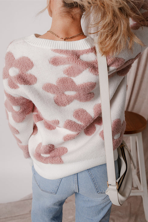 Textured Floral Knit Relaxed Fit Pullover Sweater