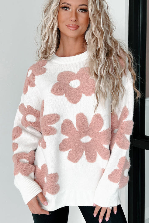 Textured Floral Knit Relaxed Fit Pullover Sweater