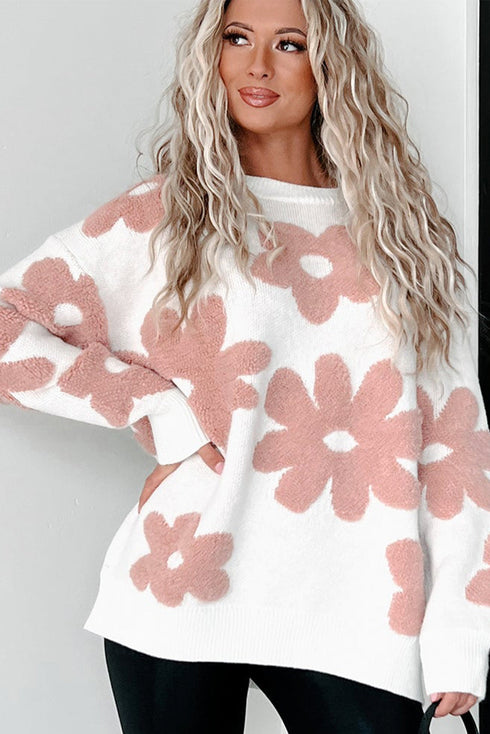 Textured Floral Knit Relaxed Fit Pullover Sweater