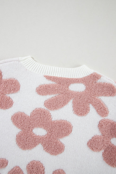 Textured Floral Knit Relaxed Fit Pullover Sweater