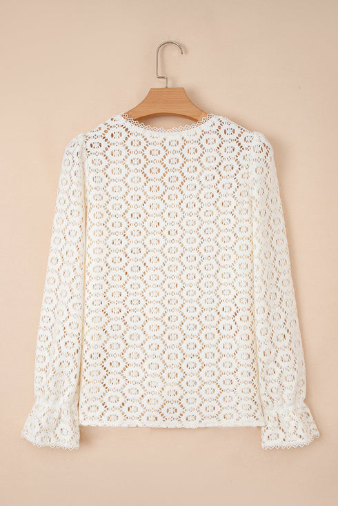 Textured Floral Lace V Neck Ruffle Sleeve Blouse
